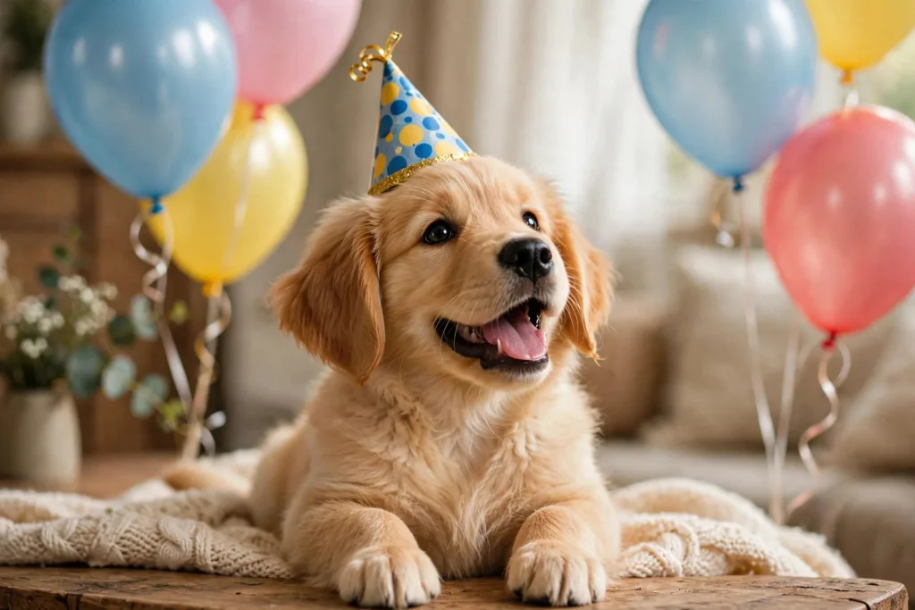 birthday wishes for dog in marathi - cute dog wearing birthday party hat with cake