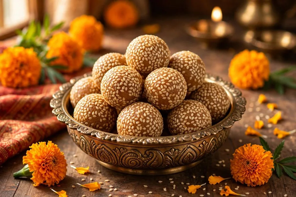 makar sankranti wishes in marathi - traditional tilgul sesame ladoos arranged in a bowl