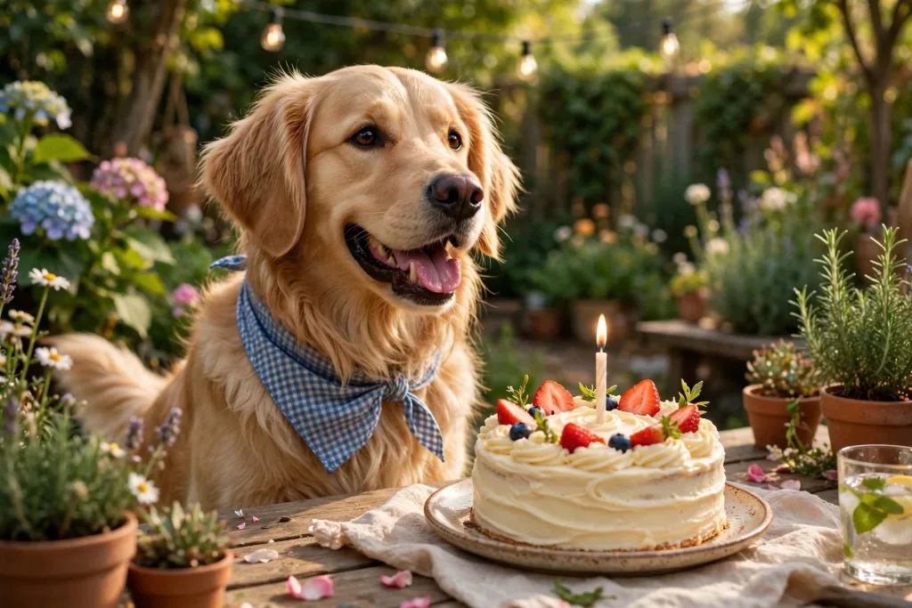 birthday wishes for dog in marathi - happy dog playing with birthday decorations