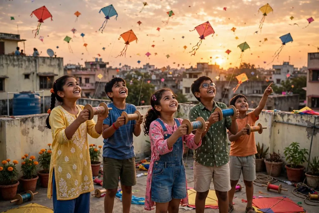 makar sankranti wishes in marathi - family flying colorful kites together during the festival