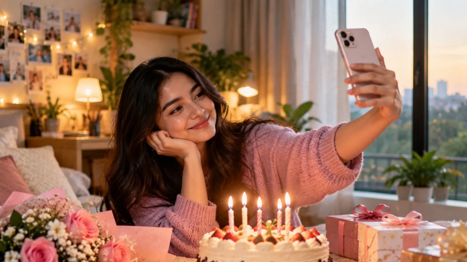 self birthday wishes in marathi - young Maharashtrian woman taking a birthday selfie with cake at home