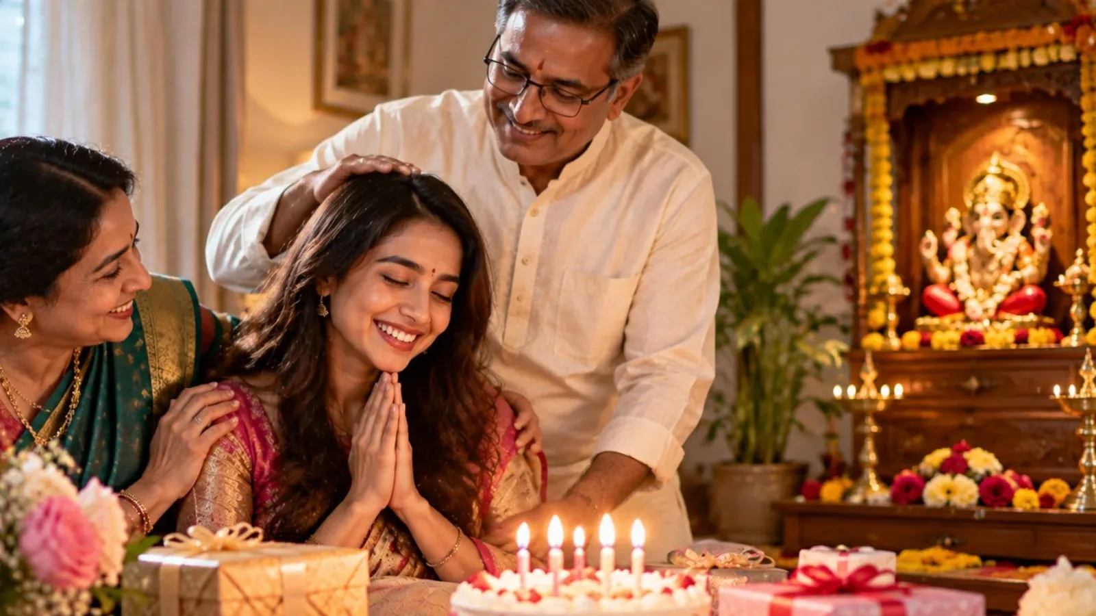 Young Maharashtrian woman receiving birthday blessings from her parents near a Ganpati mandir