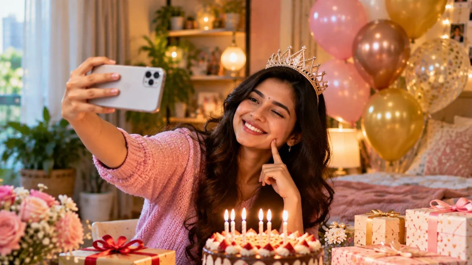 Smiling Maharashtrian woman wearing a tiara taking a selfie with her birthday cake at home