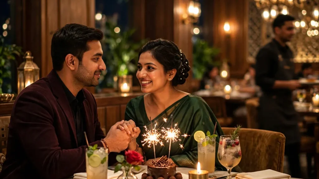 Couple celebrating birthday with candlelight dinner and cake in restaurant