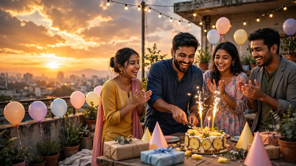 Friends celebrating late birthday with cake cutting on rooftop at sunset