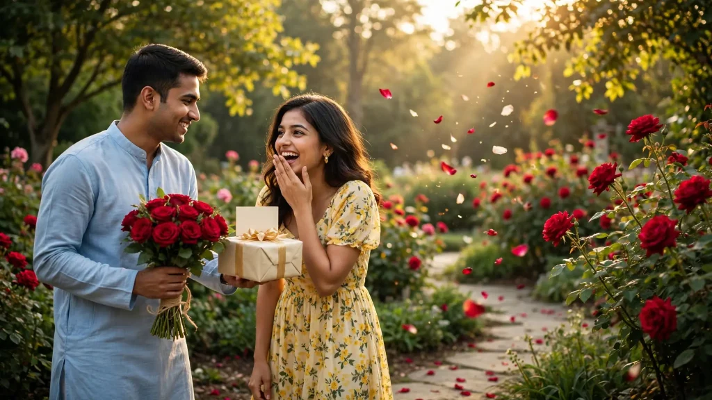 Woman receiving red roses and birthday gift from partner in garden